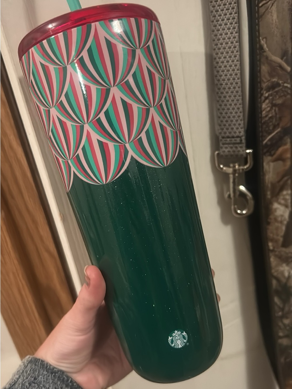 Starbucks Emerald Green Tumbler with Pink & Teal Scallop Pattern